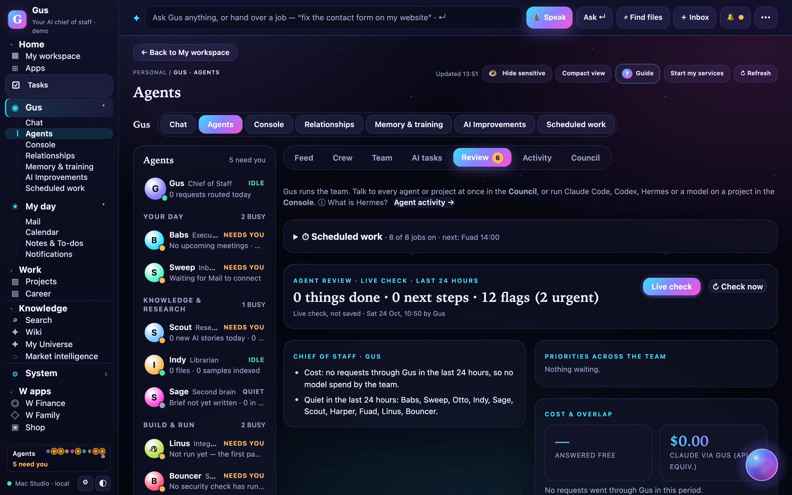 The Review page: things done, next steps and flags in the last 24 hours, priorities across the team, and cost