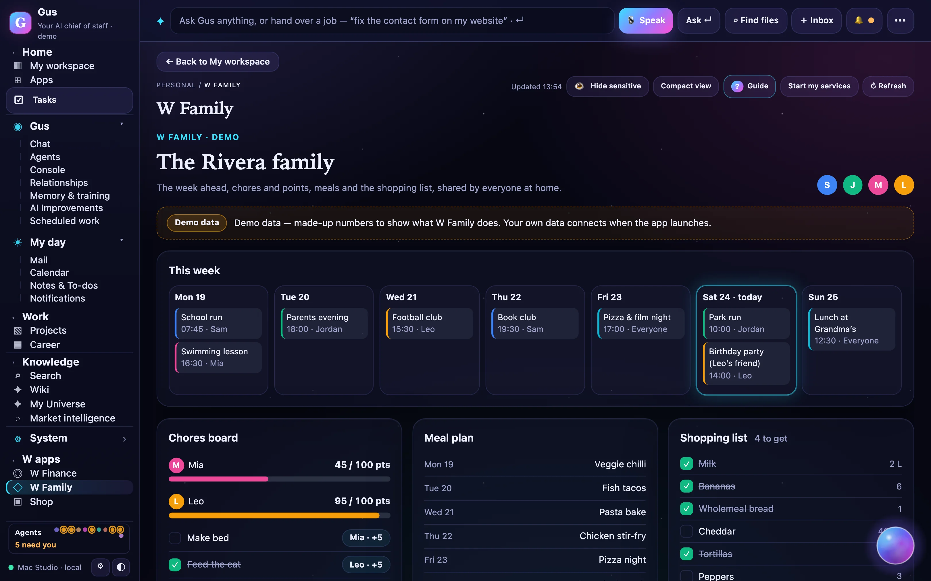 Gus Family in the demo workspace: the week, chores board, meal plan and shopping list