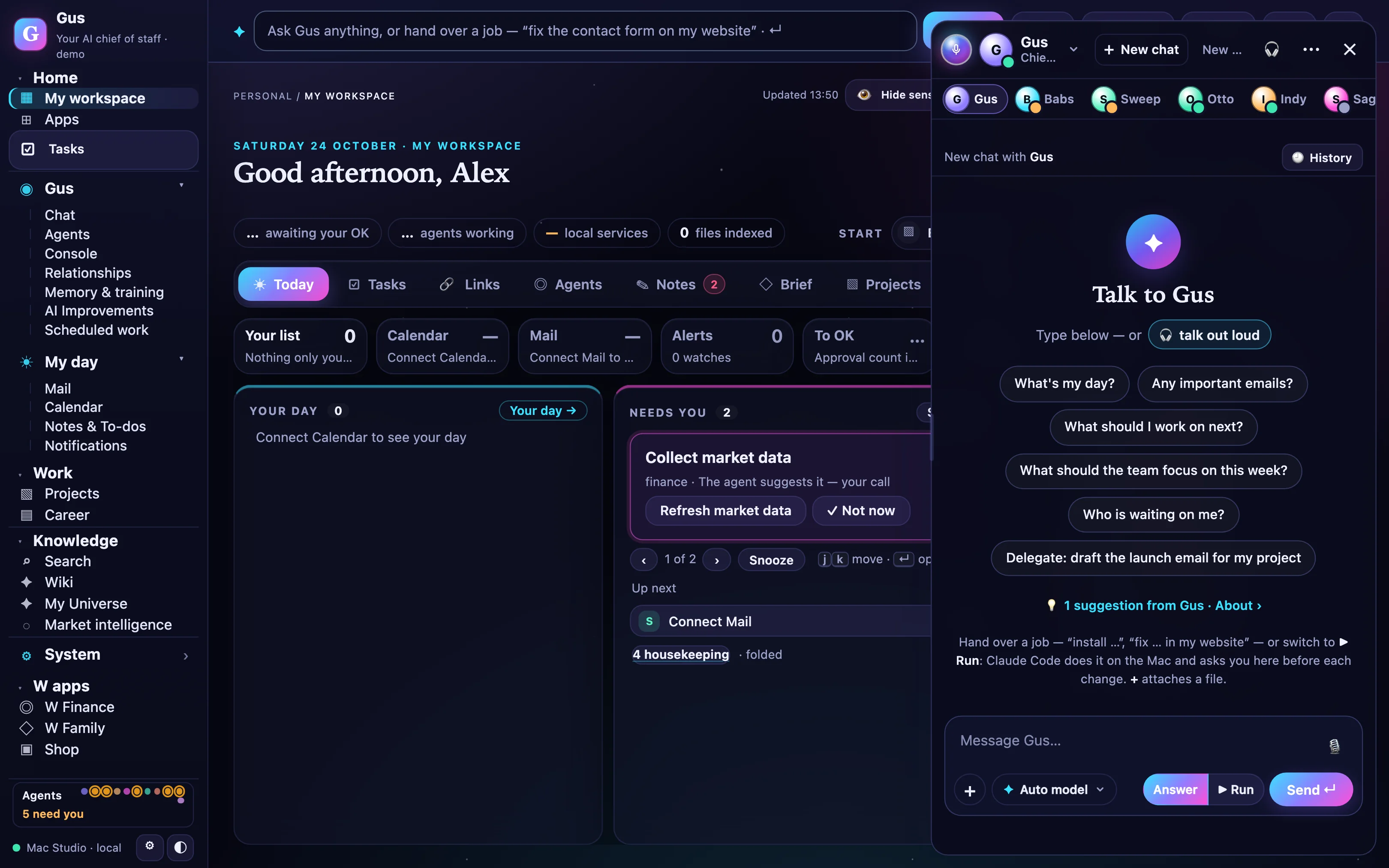 The Gus panel: suggested questions, agent tabs and a message box with Answer or Run