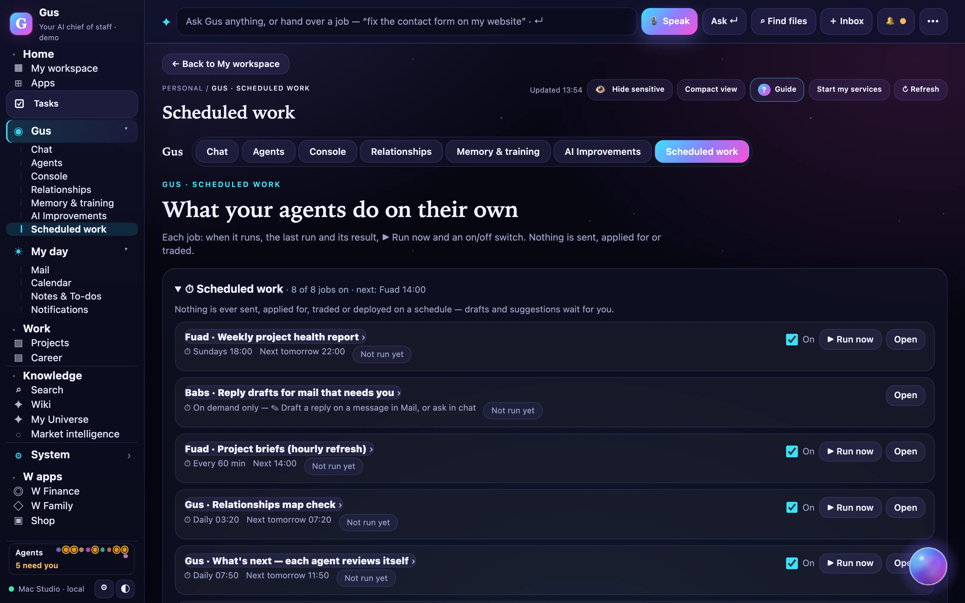 Scheduled work: what agents do on their own, each job with its time, an on switch and Run now